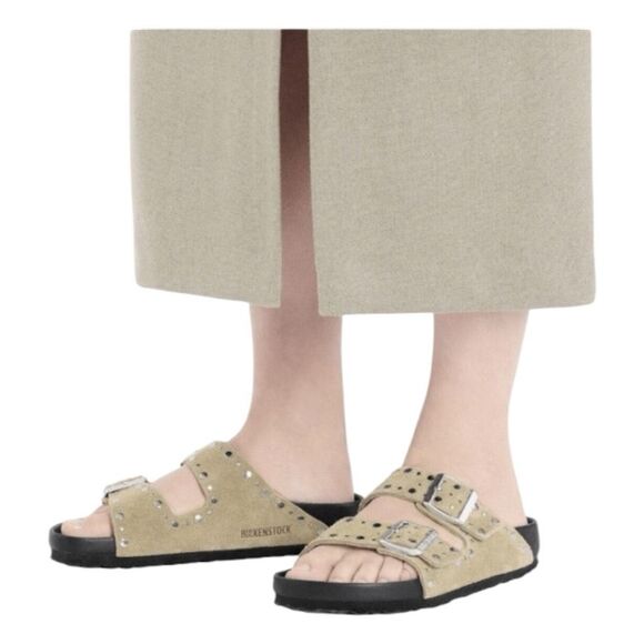 Birkenstock Arizona Rivets Sandals Taupe Suede Leather 40 W9 M7 Narrow - Picture 3 of 11
